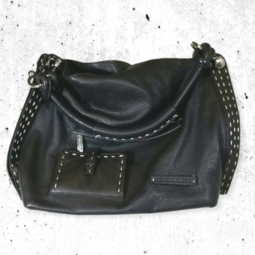 BCBG MAX AZRIA Italian dark brown Leather Signature Hobo Satchel Handbag Purse